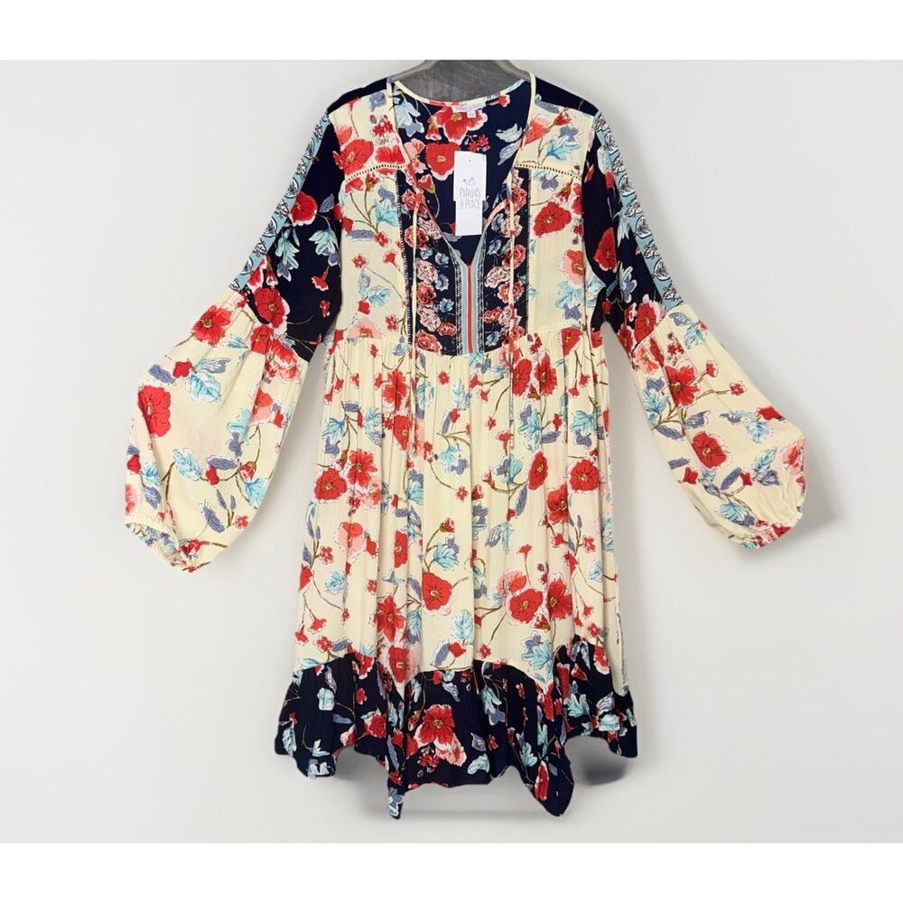 NWT Patrons of Peace LG Asymmetrical Mini Dress Babydoll Mix Floral Boho Peasant